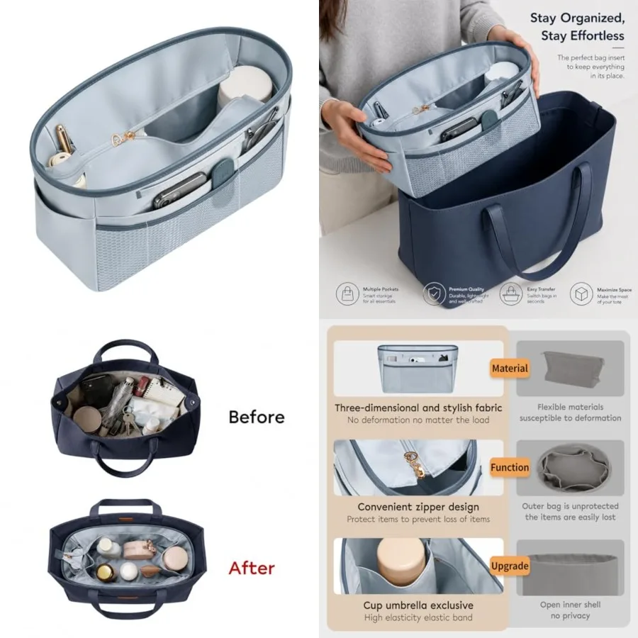 

Purse Organizer Insert for Tote Bag, Large Bag Organizer Insert with Zipper Pocket, Multi Pocket Handbag Organizer, Structu Pur
