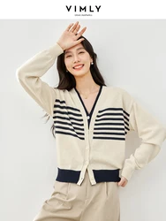 Vimly Contrast Striped Fake 2 Piece Knitted Cardigans 2024 Spring Apricot Casual Loose V-neck Sweater Coat Female Knitwear 16180