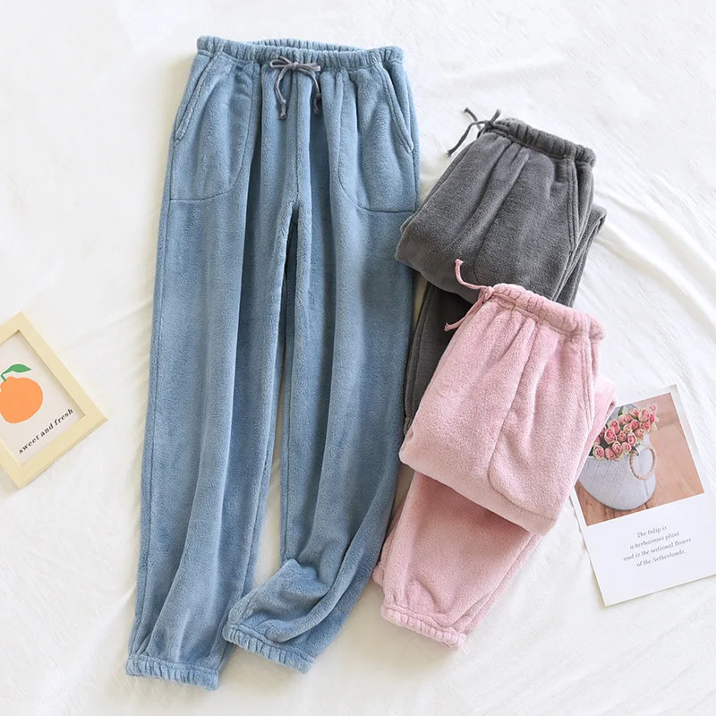 

Autumn Winter 2026 Coral Fleece Pajama Pants Trousers Thick Solid Drawstring Elastic Waist Dual Pockets Sleep Bottoms 511912
