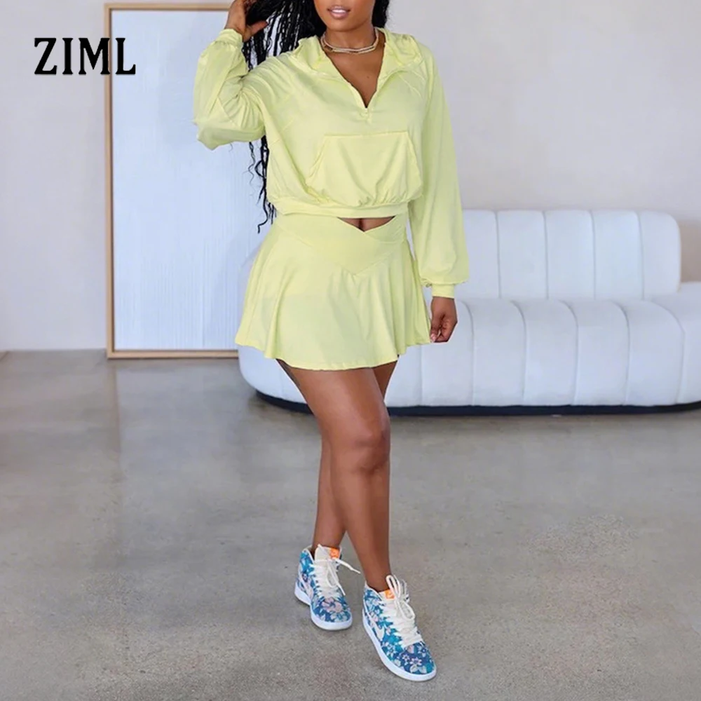 

ZIML Casual Solid Slimming Sport Two Piece Sets For Women V Neck Long Sleeve Top High Waist Skirt Summer Chic Set Female Fashion