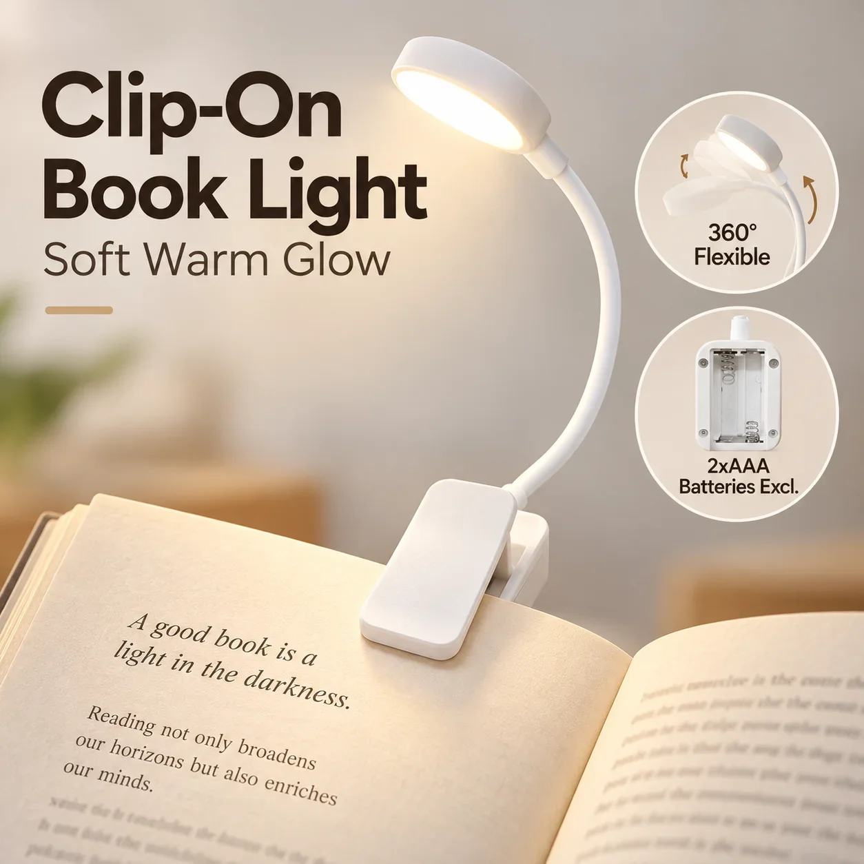 Portable LED Clip-On Book Reading Light, 3 Color Modes Battery Powered Mini Book Lamp with Flexible Gooseneck, Reading Light