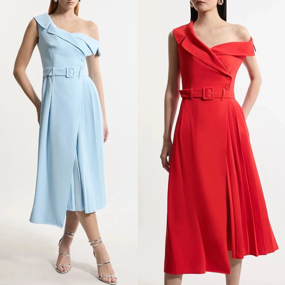 Modern Style High Quality Jersey Pleat Draped Sash A-line One-shoulder Midi Dresses Bespoke Occasion Dresses Fashion Formal