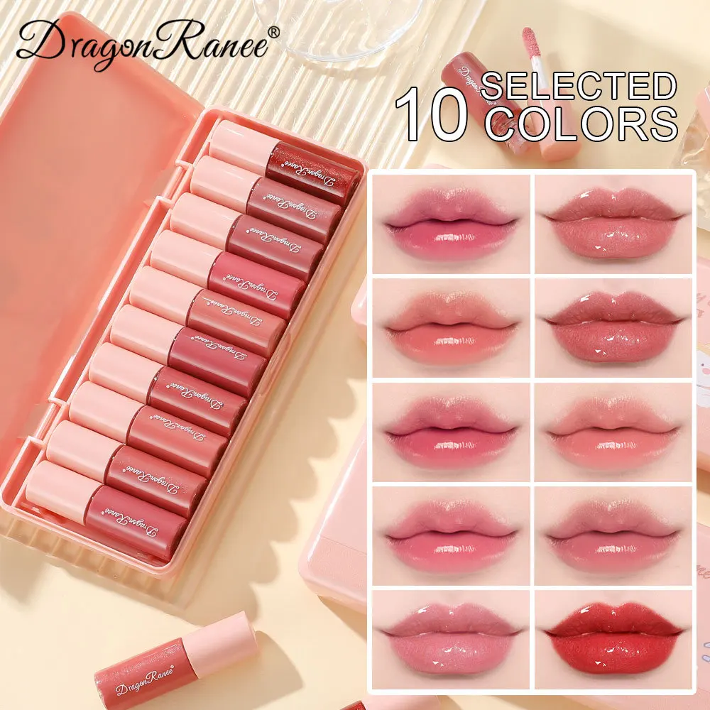 Dragon Ranee 10 colori Cartoon Set Waterproof Moisturizing Lip Glaze Set rossetto liquido a specchio per labbra Non sbiadito per lucidalabbra