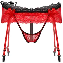 Tiaobug Mens Sissy Lace and Garter Belt Crotchless Thongs Adjustable G-Strings with Bowknot Elastic Waist Nightclub Underwears