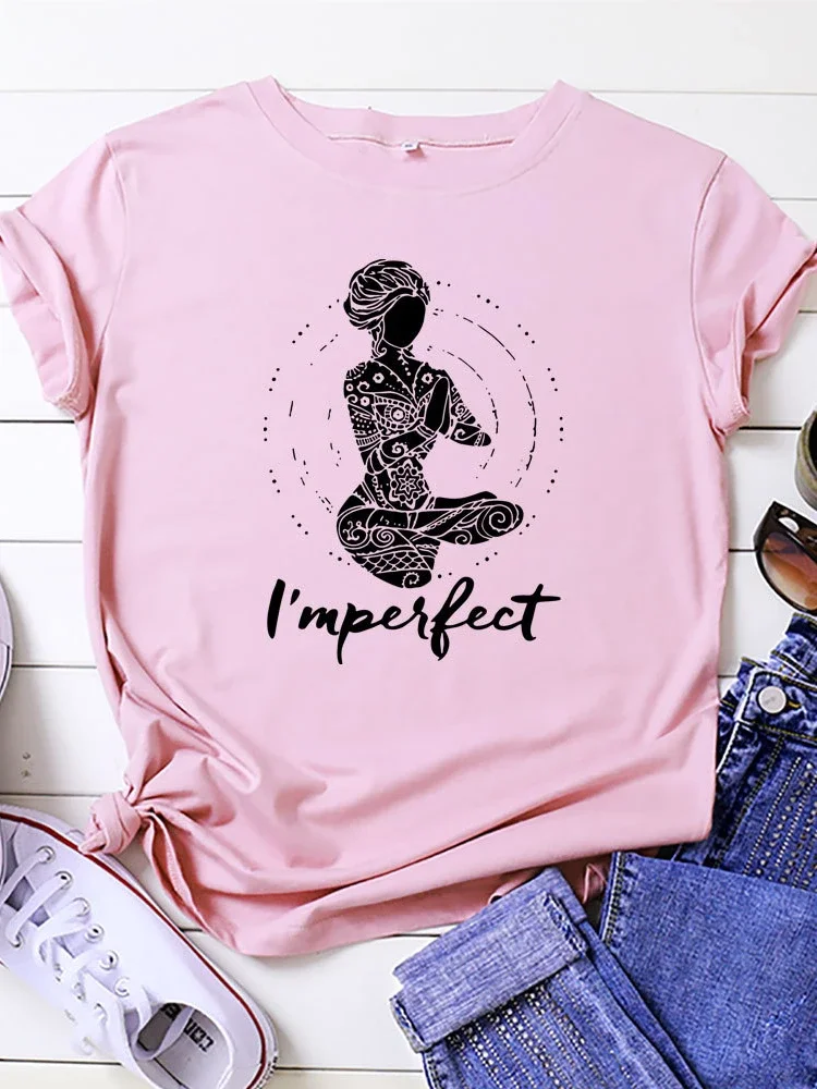 Eu sou perfeito yoga menina impressão t camisa das mulheres de manga curta o pescoço solto tshirt verão camiseta feminina topos camisas mujer