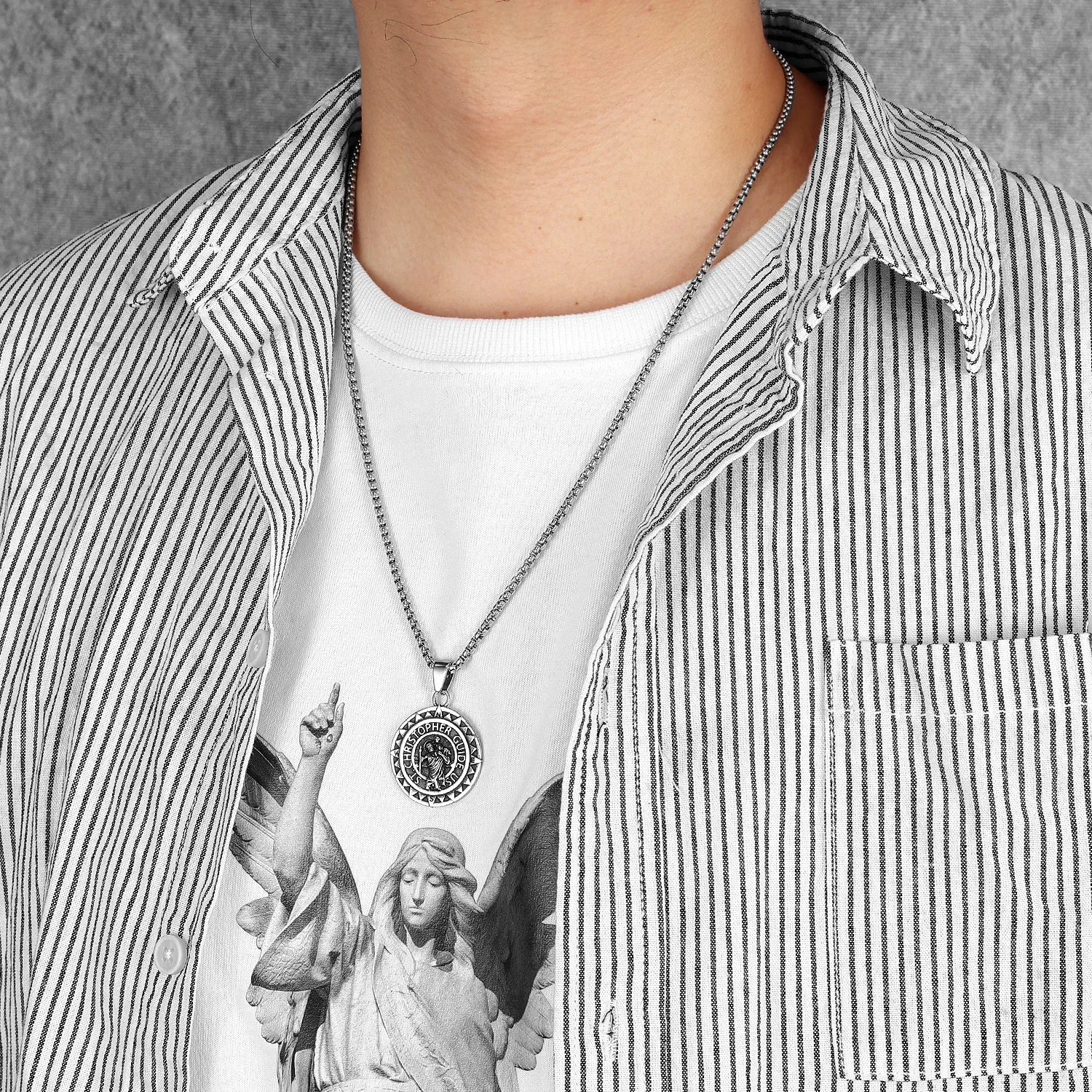 St Christopher Pendant Stainless Steel Necklace Compass Amulet Men Chain Rock Punk Party for Rider Male Jewelry Gift Wholesale view 5