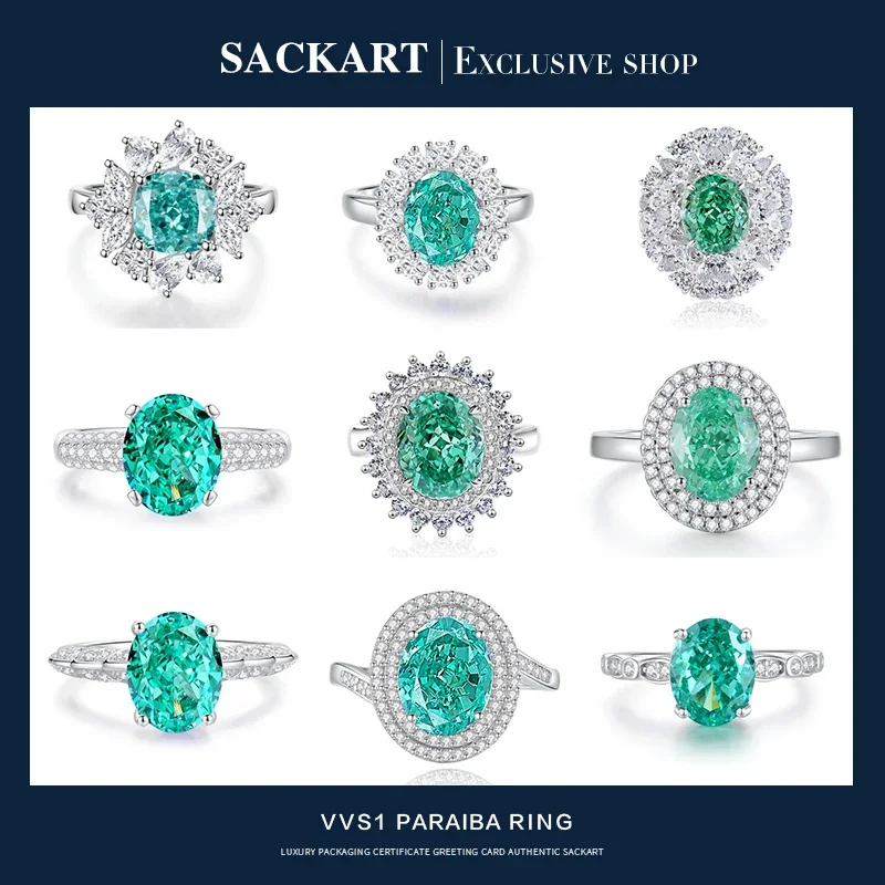 SACKART Paraiba 925 Sterling Silver Crushed Ice Ring Classic Wedding Rings for Women Plated With 18K White Gold High End Jewelry