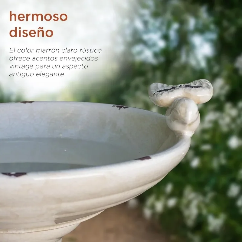 Birdbath cerâmico antigo exterior com estatuetas do pássaro, estátua da jarda, luz-marrom, 25 "alto