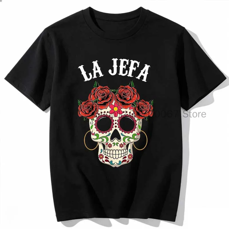 La Jefa Sugar Skull Apparel Men T Shirts Hip Hop T Shirt Casual Fashion Versatile Loose-Fit Summer Top