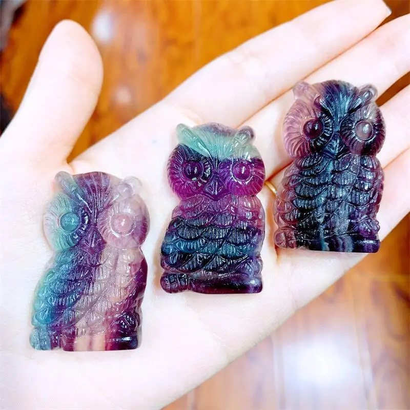 3PCS Natural Rainbow Fluorite Owl Mini Animal Crystal Carving Polishing Mature Charm Jewelry Birthday Present