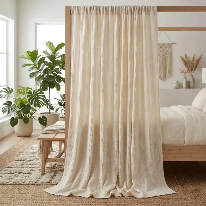 Crinkled 100% Cotton Muslin Bed Canopy Panels, Boho Bedroom Drapes, Soft Breathable Four Poster Curtains Living Room Decoration