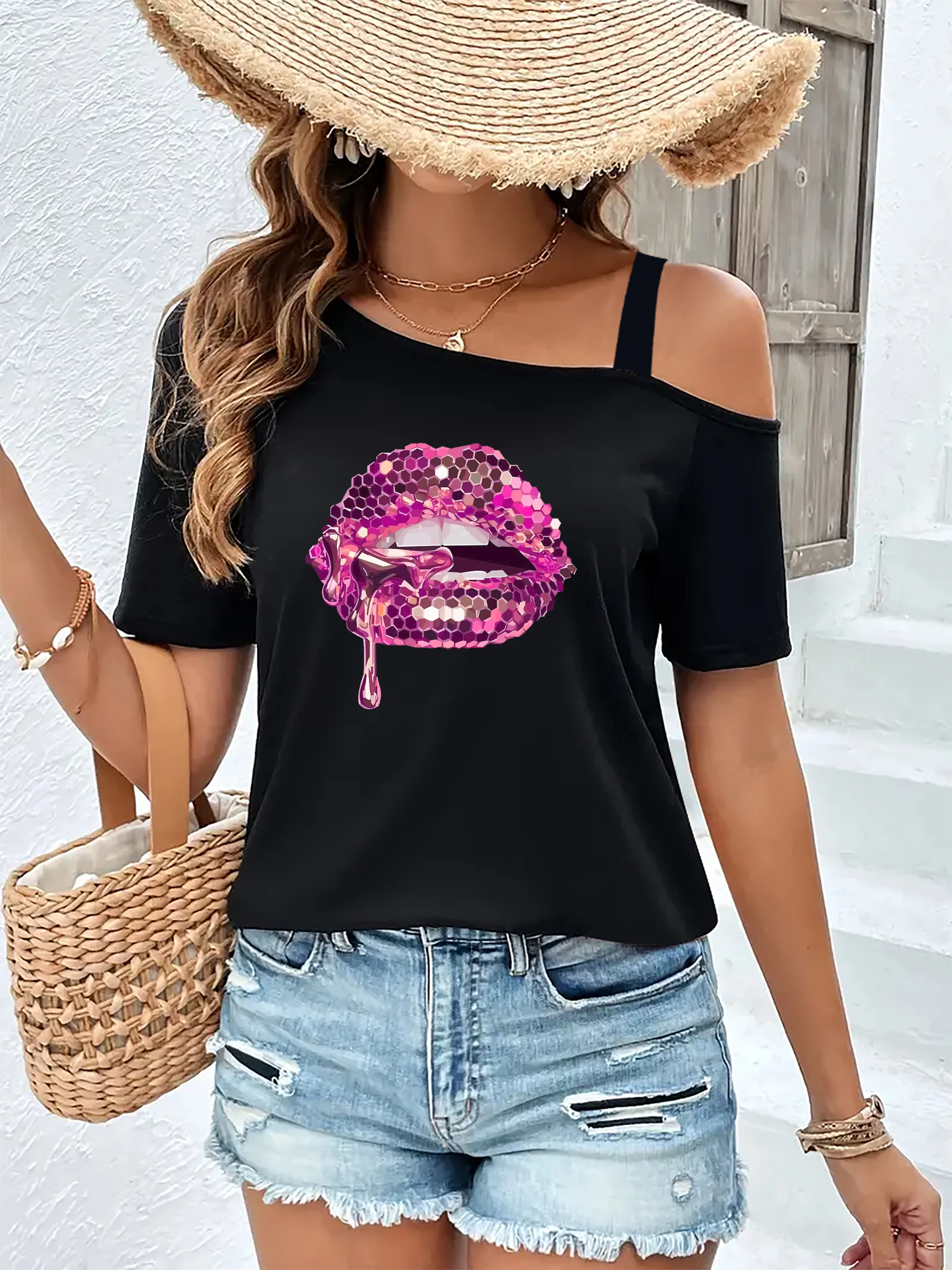 Fashion Women\'s t shirt Colorful Lips Solid Cold Shoulder T-Shirt Casual Short Sleeve Top For Spring & Summer Women\'s Clothing