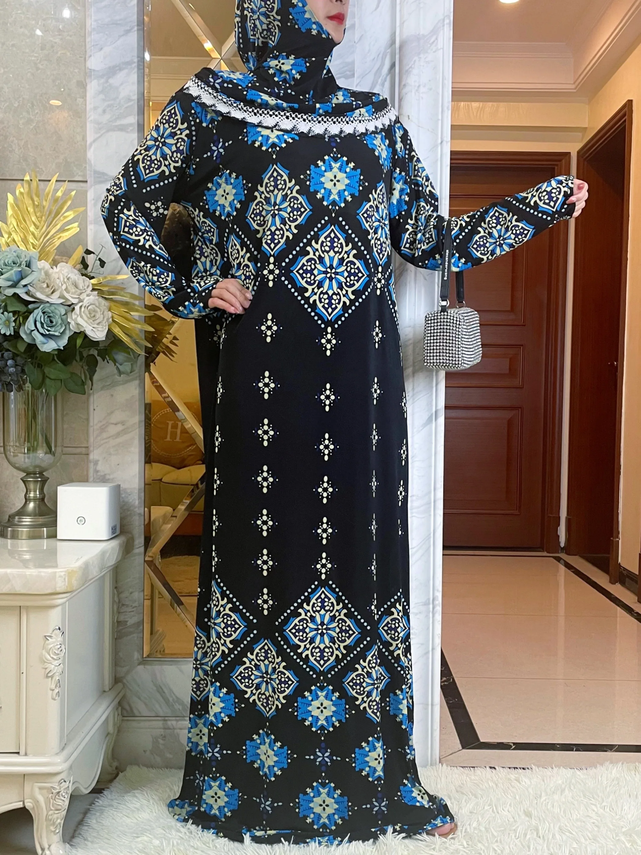 2023Fashion Muslim Kaftan Dress For Lady Dubai Saudi Islam Prayer Garment Lace Jibab Maxi  Hooded Abaya Beautiful Turban Ramadan