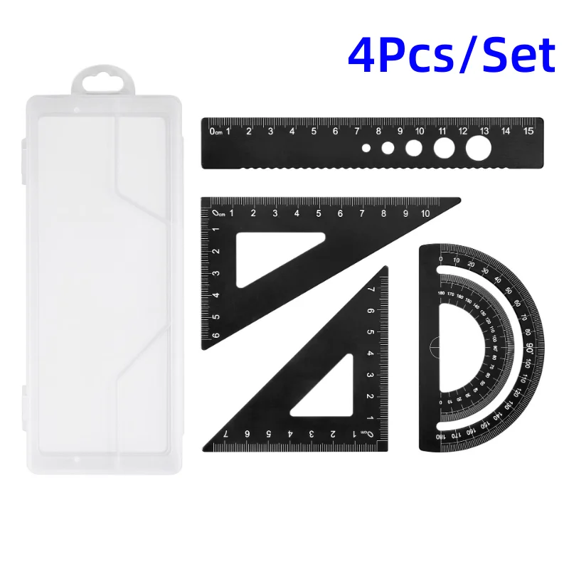 Ensemble de règles en aluminium, 4 pièces/ensemble, géométrie métallique, dessin de mathématiques, boussole, papeterie, règles mathématiques pour l'école