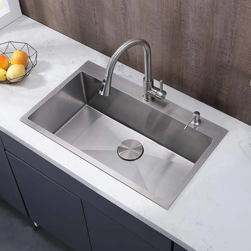 30 inch Drop in Kitchen Sink, Topmount Single Bowl 304 Stainless Steel Handmade Satin Finish Kitchen Sinks with Dish Grid and St