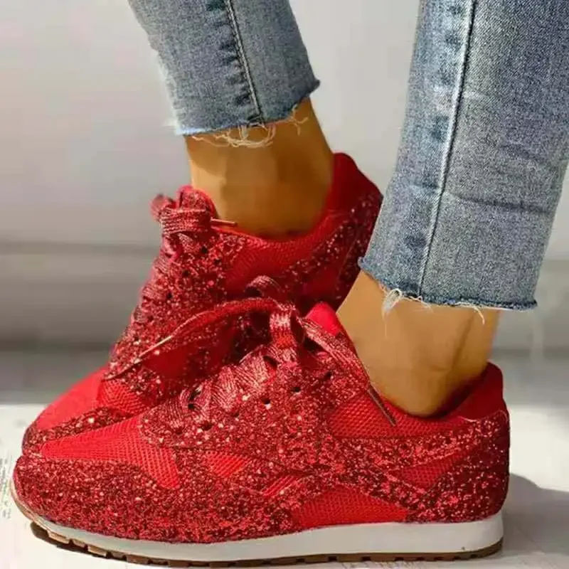 Women Flat Glitter Sneakers Casual Bling Vulcanized Shoes Female Mesh Lace Up Platform Comfort Plus Size Fashion Ladies Autumn