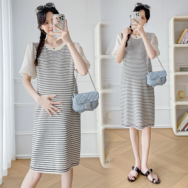 

2024 Summer Maternity Outfit with Color Blocking Short Sleeved Stripes Patchwork Pregnancy Dress Pregnant Woman Knitting Dress