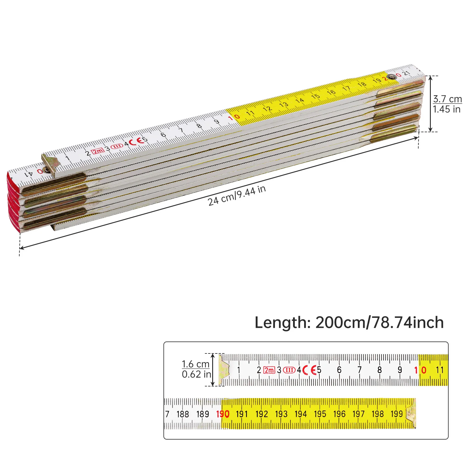 2 m Yellow & White Double Sided Metric Scale Wooden Folding Ruler for Drawing / Teaching / Carpenters with Black Markings