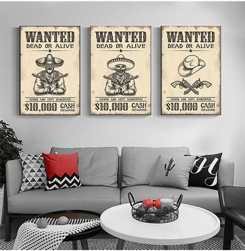 Vintage Wild West Wanted Old Poster Hat Crossed Guns Canvas Paintings Wall Art Print Picture for Living Room Interior Home Decor