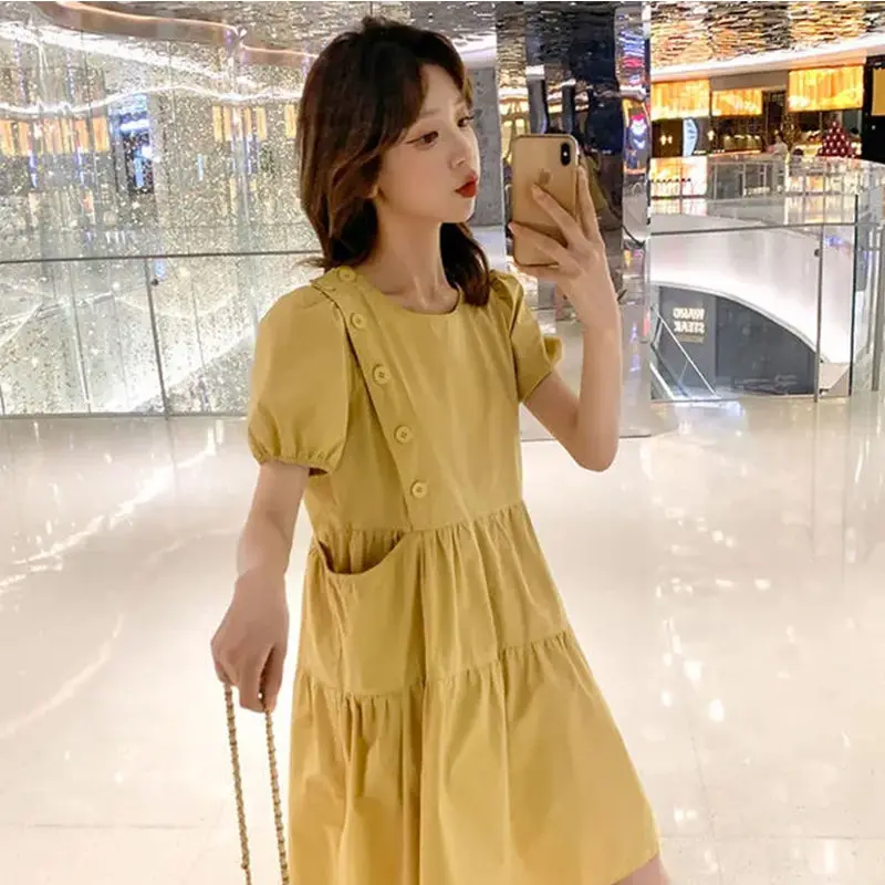 2021หลวมเกาหลี Casual Tunics พรหมชุดสตรีผ้าลินินสีเหลือง Vintage Plus ขนาดฤดูร้อนแฟชั่น Midi robe