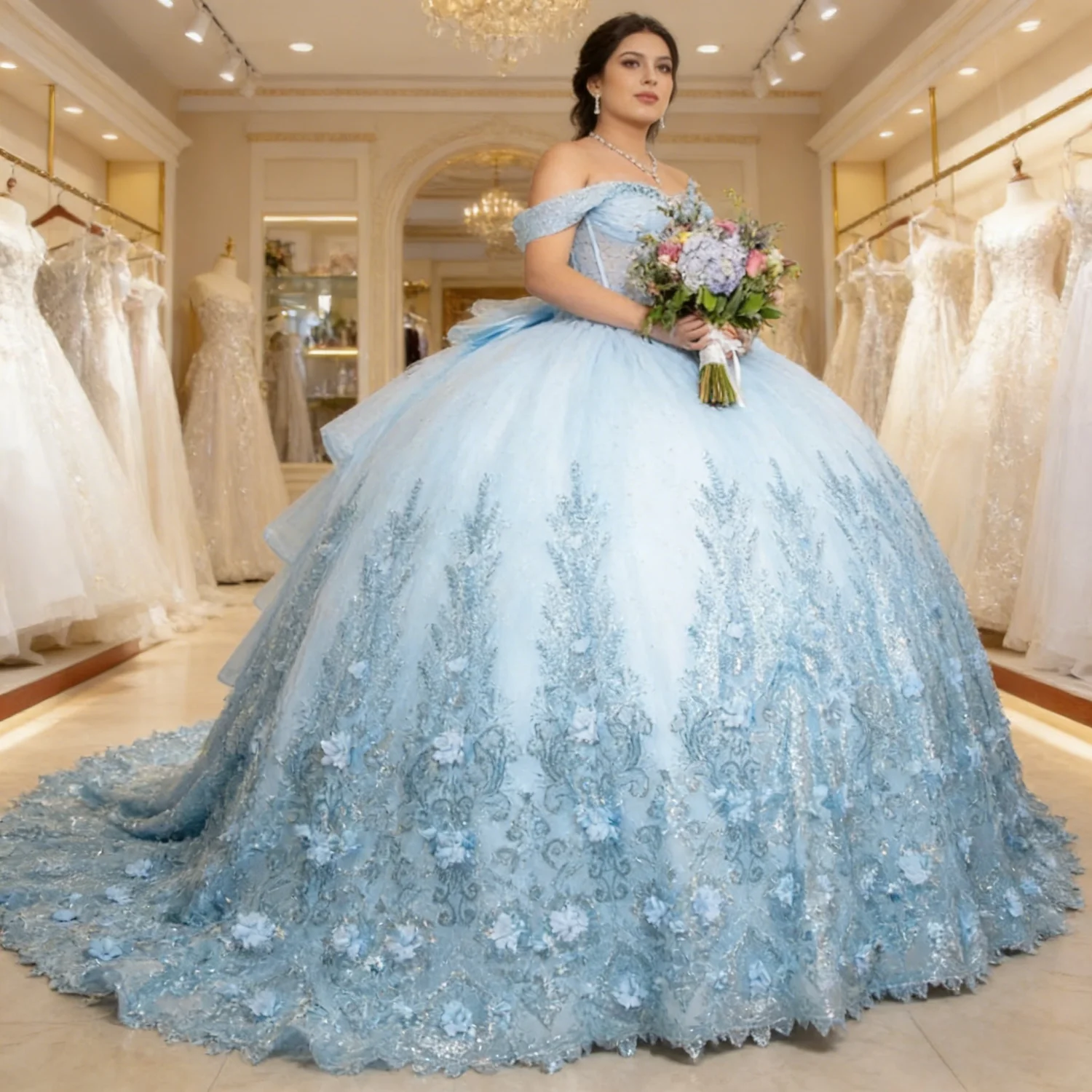 

Luxury Princess 15 Year Girl Quinceanera Dress Off Shoulder Flower Lace Up Ballgown Women Prom Birthday Party Wedding Customized