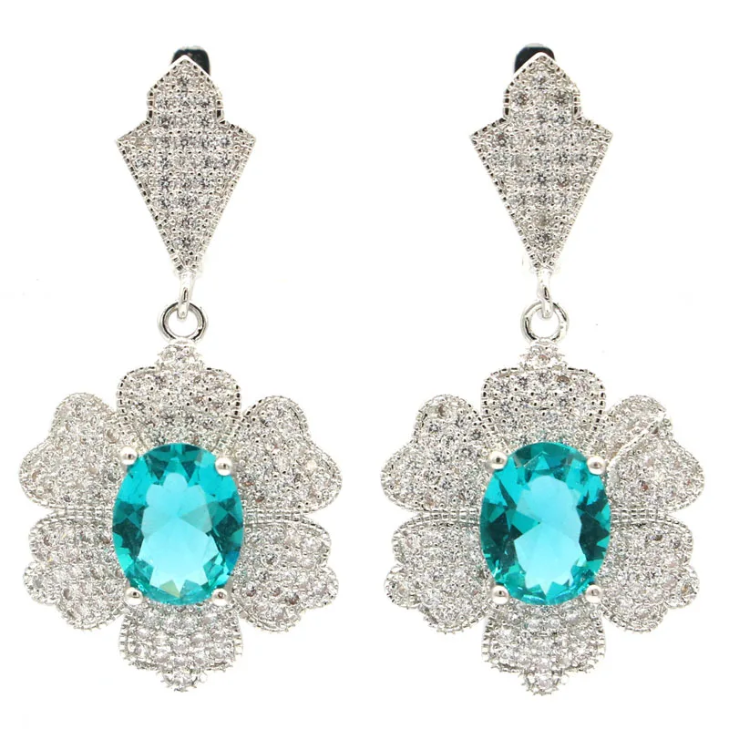 40x20mm Eye Catching Big Heavy Blue Aquamarine Pink Raspberry Rhodolite Garnet CZ Women Dating Silver plated Dangle Earrings