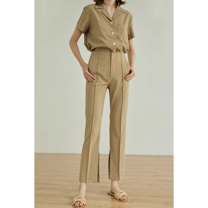 

MeeMeeLab Original High Waist Slimming Split Micro Flared Pants Set Easy Care Simulated Hemp l Waist Polyester Fiber