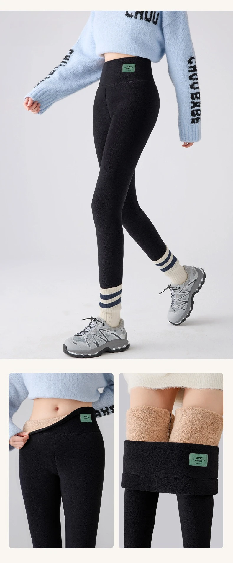 Plus Size Fleece-gefütterte Leggings für Damen, hoch taillierte Strumpfhosen für den kalten Winter, Thermo-Outdoor-Kleidung, dick, gerippt, modische Leggings – Detail 13