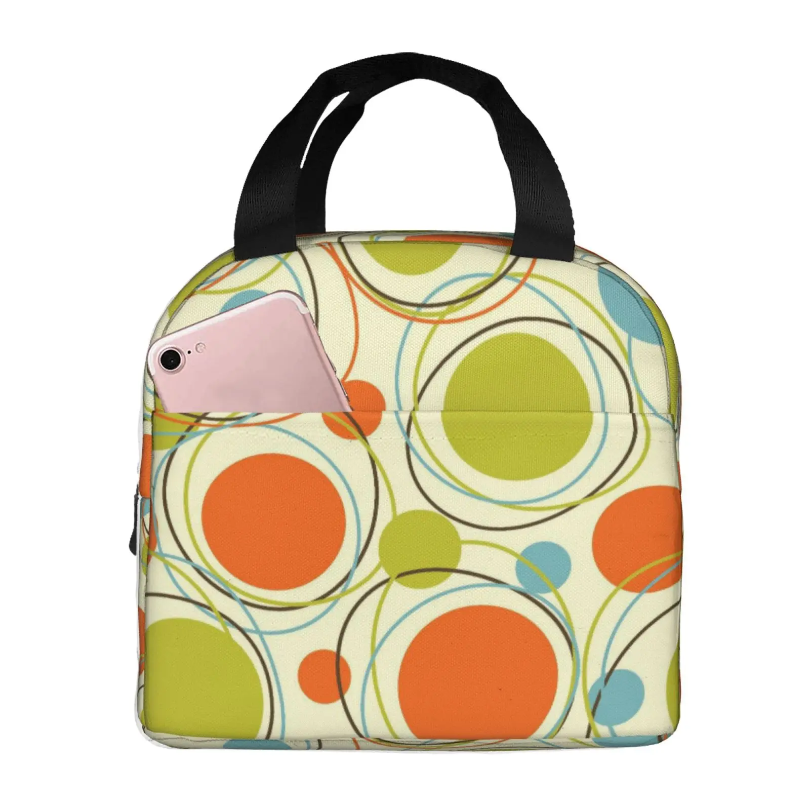 Retro 80S 90S Mid Century Circle Print Lunch Tote Bag Insulated Leakproof Lunch Box Container with Front Pocket for Girls Boys