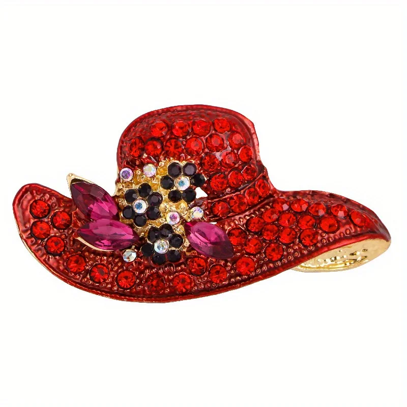 Vintage Rhinestone Hat Luxury Brooches for Women Classic Straw Cap Drop Oil Brooch Pin Clothing Suit Accessories Corsage