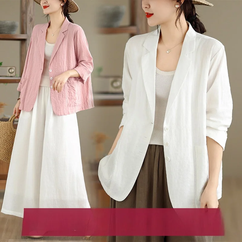 

Linen Women's Summer New Style Artistic Retro Loose Sun Protection Thin Spring Autumn Top Open Cardigan Shirt Cotton Blend Fa...