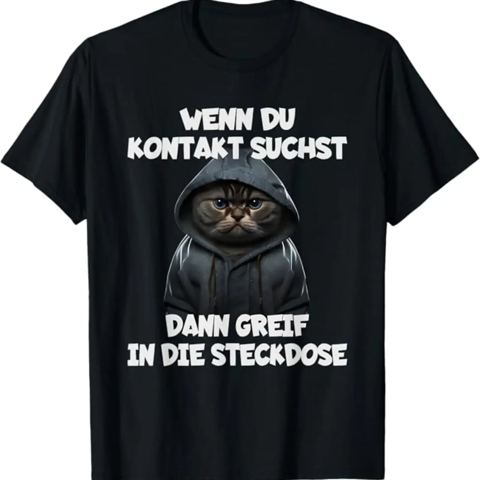 Camiseta con texto en alemán: Wenn du Kontakt suchst dann greif in die Steckdo, negra, vintage, lavada, cómoda, unisex, estilo streetwear