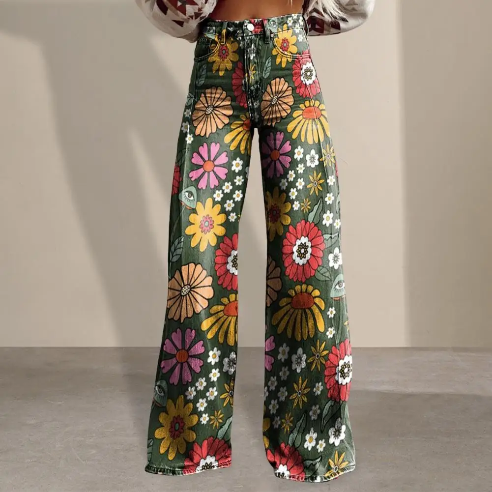 Women Jeans Button Zipper Fly Straight Leg Denim Trousers With Pockets Digital Flower Print Lady Trousers Streetwear