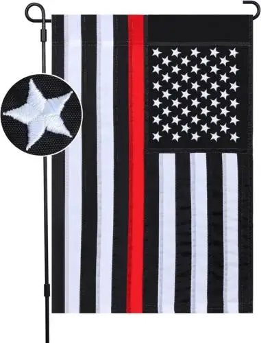 Thin Red Line Garden Flag 12''X18'' Double Sided, Deluxe Embroidered Stars and S