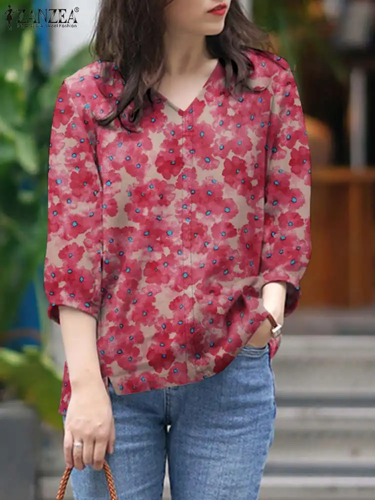 ZANZEA Women Bohemian Floral Printed Blouse Spring V Neck 3/4 Sleeve Shirt Vintage Party Holiday Blusas Casual Loose Tunic Tops
