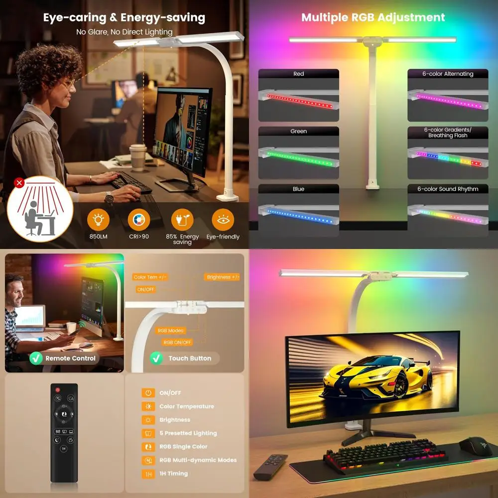 

Настольная светодиодная лампа RGB с пультом ДУ, поворотная, на прищепке или для монитора, 22 Вт, с регулировкой яркости, двойное освещение для работы