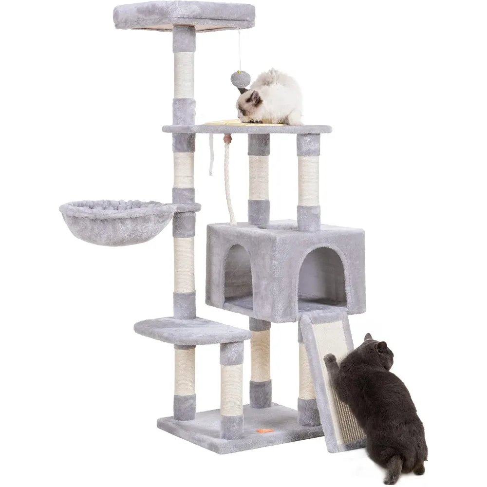 

Heybly Cat Tree, Cat Tower for Indoor Cats with Scratching Board, Multi-Level Cat Furniture Condo with Feeding Bowl Light Gray H