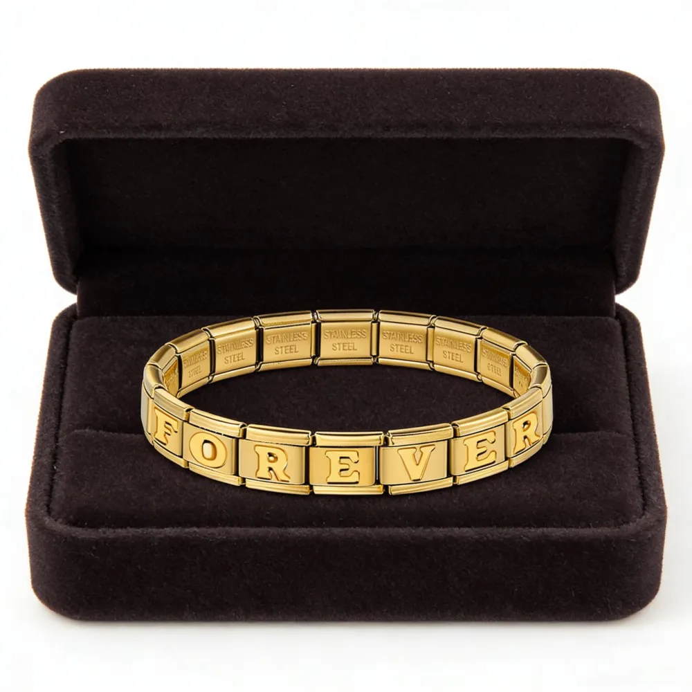 9mm Wholesale Gold Color English Concave Letter alphabet Charm Stainless Steel Italian Bracelet Name DIY Making Jewelry Gift