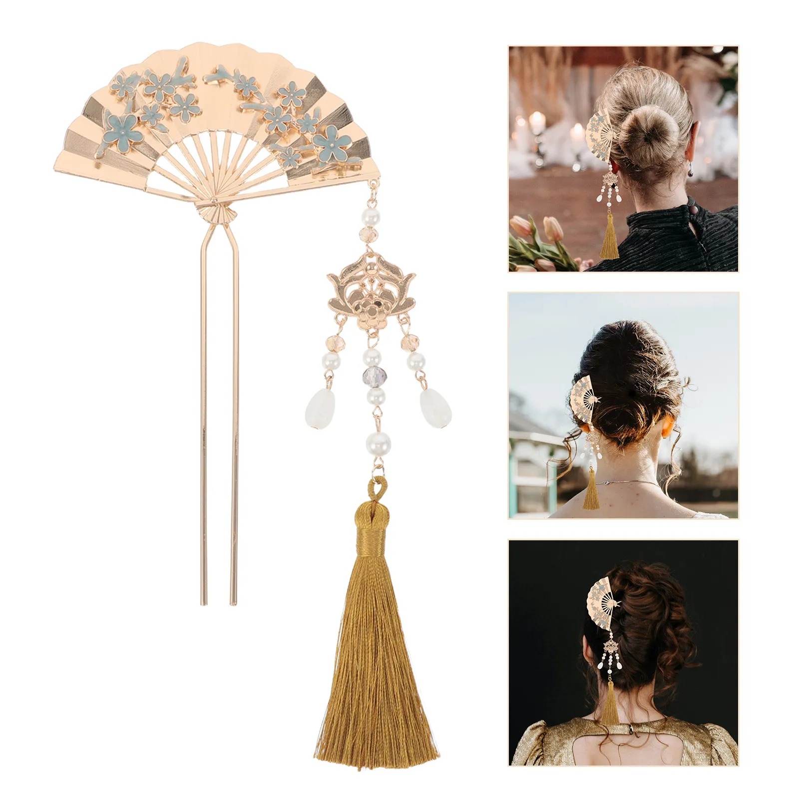New Chinese Style Hairpin Fan Design Golden Floral Tassels Flowing Movement Elegant Updo Styling Metal Hair Stick for Bridal