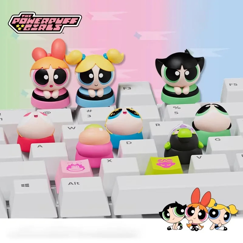 The Powerpuff Girls Fingertip Keycap صندوق أعمى لطيف أنيمي اكسسوارات زهرة فقاعة الشعر تصميم لعبة الأطفال هدية عيد ميلاد