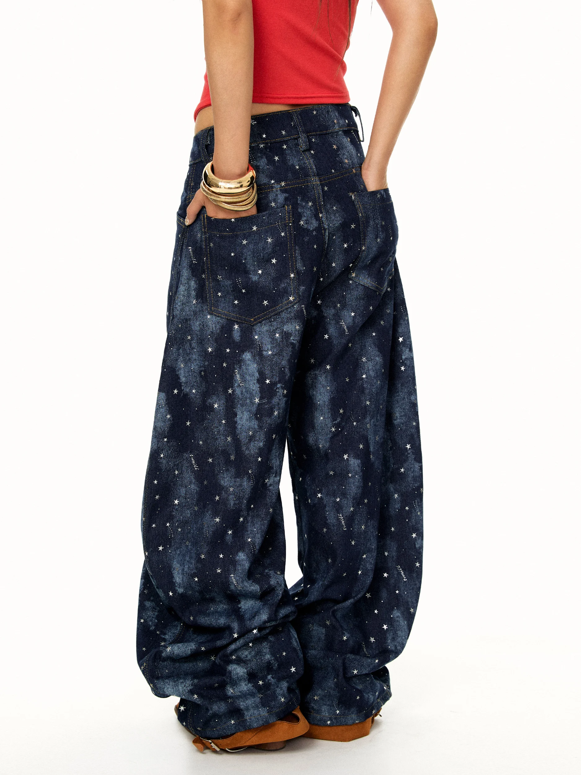 Fashionable American Star Letter Print Wide Leg Jeans Loose Straight Cut Casual Straight Jeans Cotton Natural Waist Button Cl...