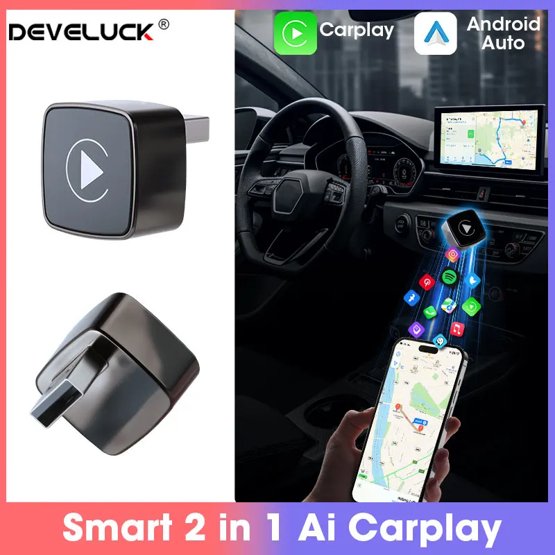 

Автомобильный адаптер Develuck Smart 2 в 1, Ai CarPlay Box, проводной к беспроводному CarPlay, Android Auto, интеллектуальные системы для Youtube Netflix