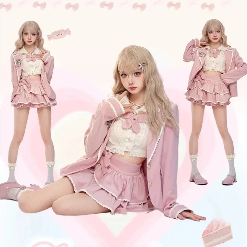 

Winter Pink Kawaii Lolita 3 Piece Set Women Bow Sweet Coat+cute Blouse+designer Skirt Female Korean Fashion Designer Suit 2023
