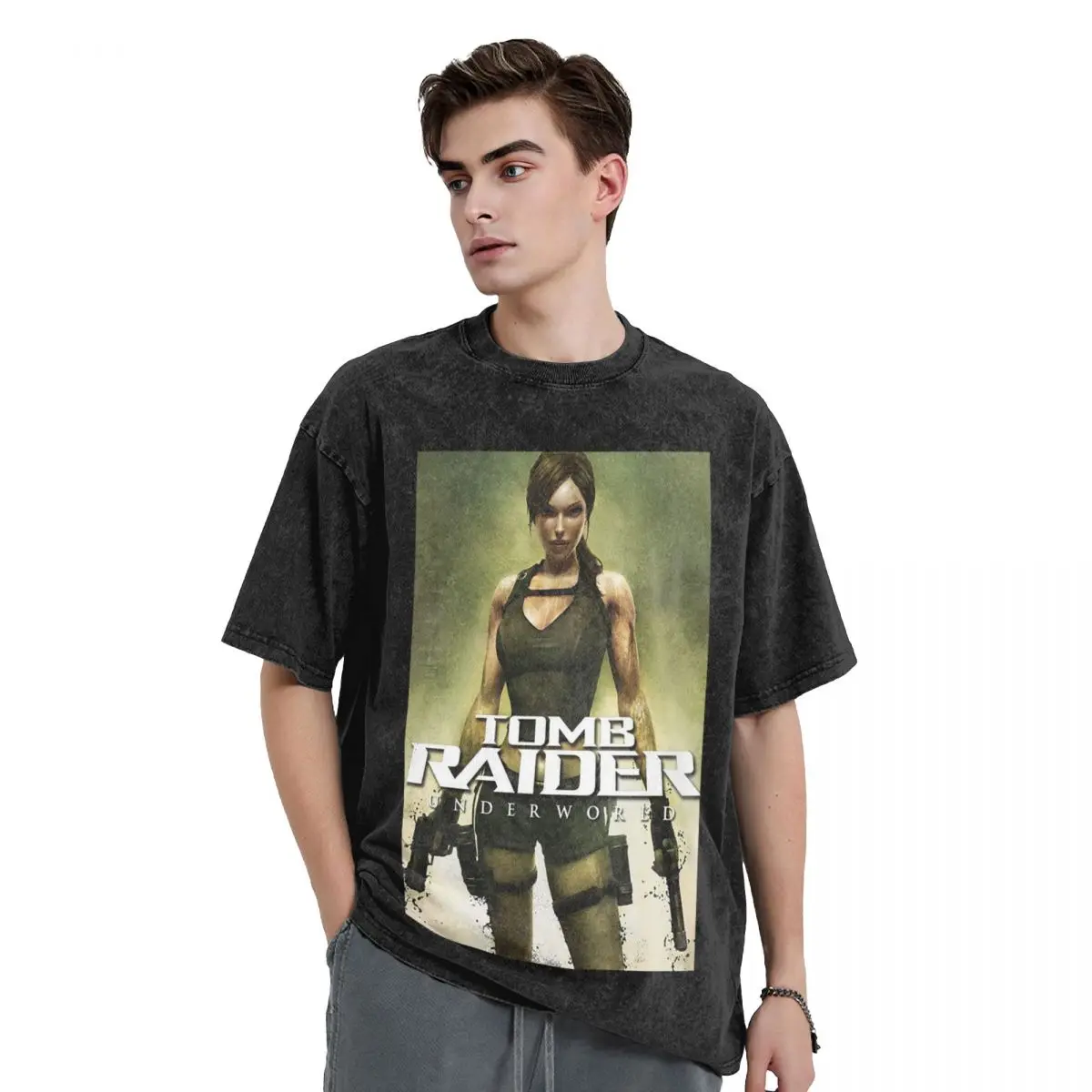 Tomb Raider Lara Croft Games Angelina Jolie Gaming Rise Reboot Croft Manor Washed T Shirts Short Sleeve Hip Hop T-Shirt Tops Tee