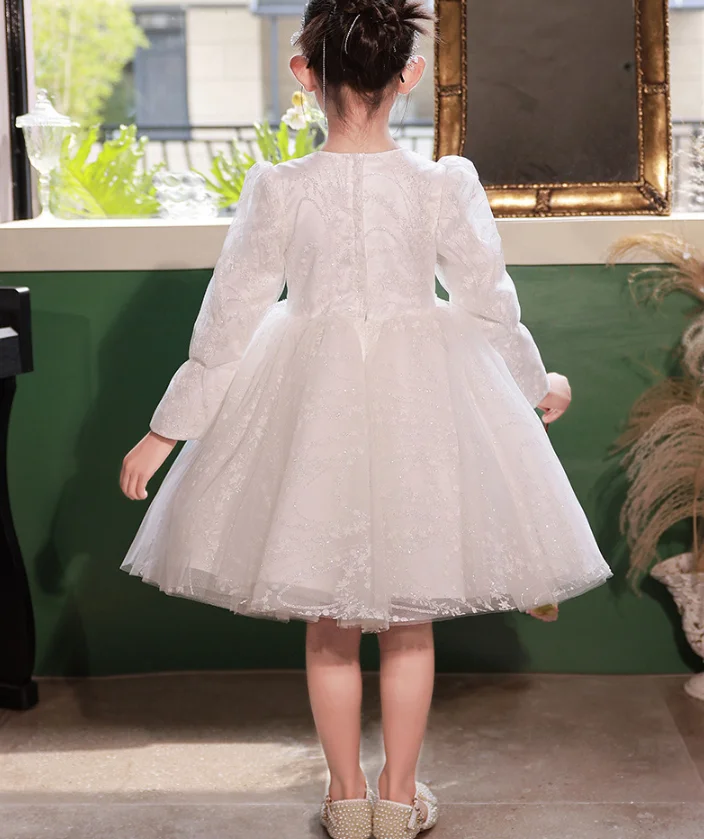 2025 New Spring Girls White Princess Ball Gown Children Cute Long Sleeve Birthday Wedding Piano Perforamnces Dress y1467