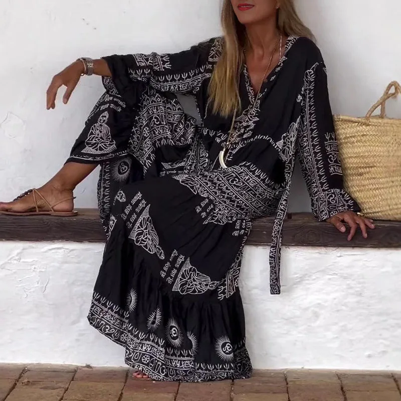 Woman V Neck Single Breasted Loose Boho Dress Spring Pattern Print Ethnic Vintage Dress Autumn Long Sleeve Belted Vacation Dress