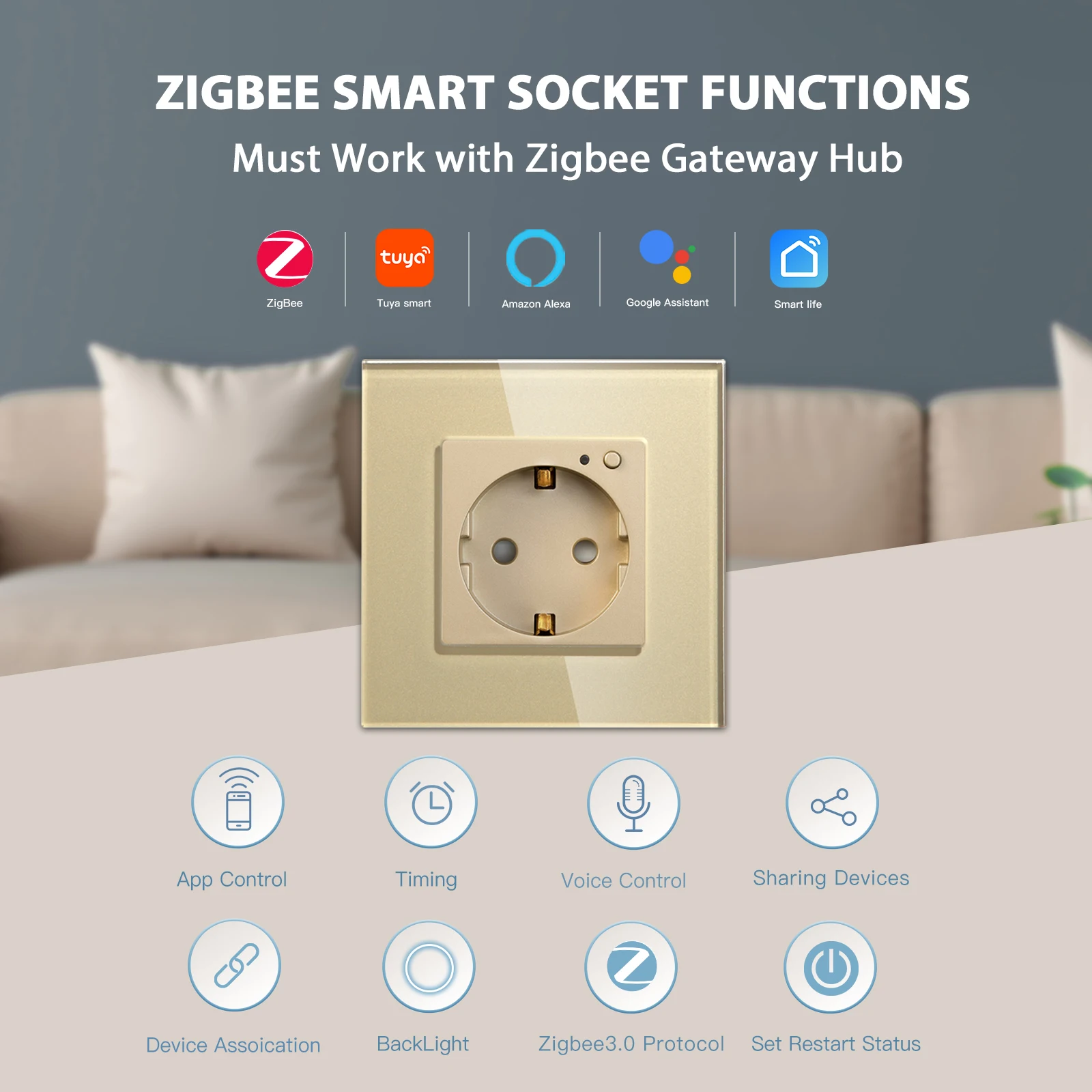 Bgraine Zigbee – prise de courant murale Wifi EU, fonctionne avec l'application Tuya Alexa Smart Life, verre de cristal, rétro-éclairage bleu, fonction de synchronisation