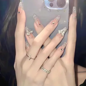 Pembe takma tırnak tırnak tasarımları üzerinde basın sanat uzun ipuçları tutkal çubuğu çıkartmalar ile yanlış formlar yeniden kullanılabilir Set akrilik yapay