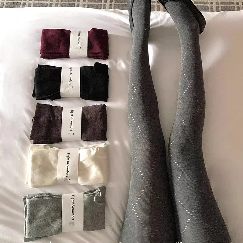 Autumn Winter Jacquard Knitted Striped Tights for Women Vintage Thermal Light Slimming Simple Pantyhose Underwear Leggings