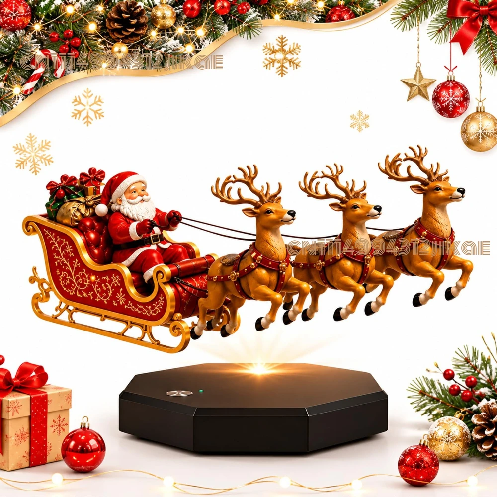Floating Santa Sleigh,Magnetic Levitation Santa's Flying Sleigh Ornament,Christmas Display with Built‑In Warm LED Lighting